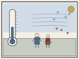 Editorial cartoon of cold September weather with thermometer and people in coats