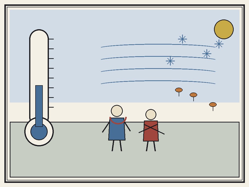 Editorial cartoon of cold September weather with thermometer and people in coats