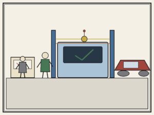 Editorial cartoon of automated driving test centre with sensor gate and car