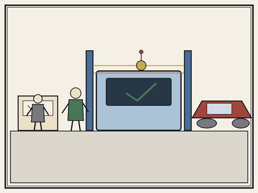 Editorial cartoon of automated driving test centre with sensor gate and car