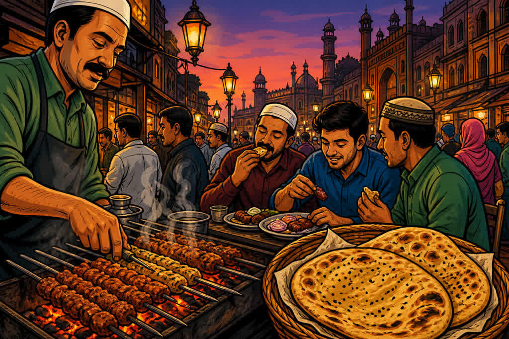Caricature of an evening kebab stall in Chowk, Lucknow