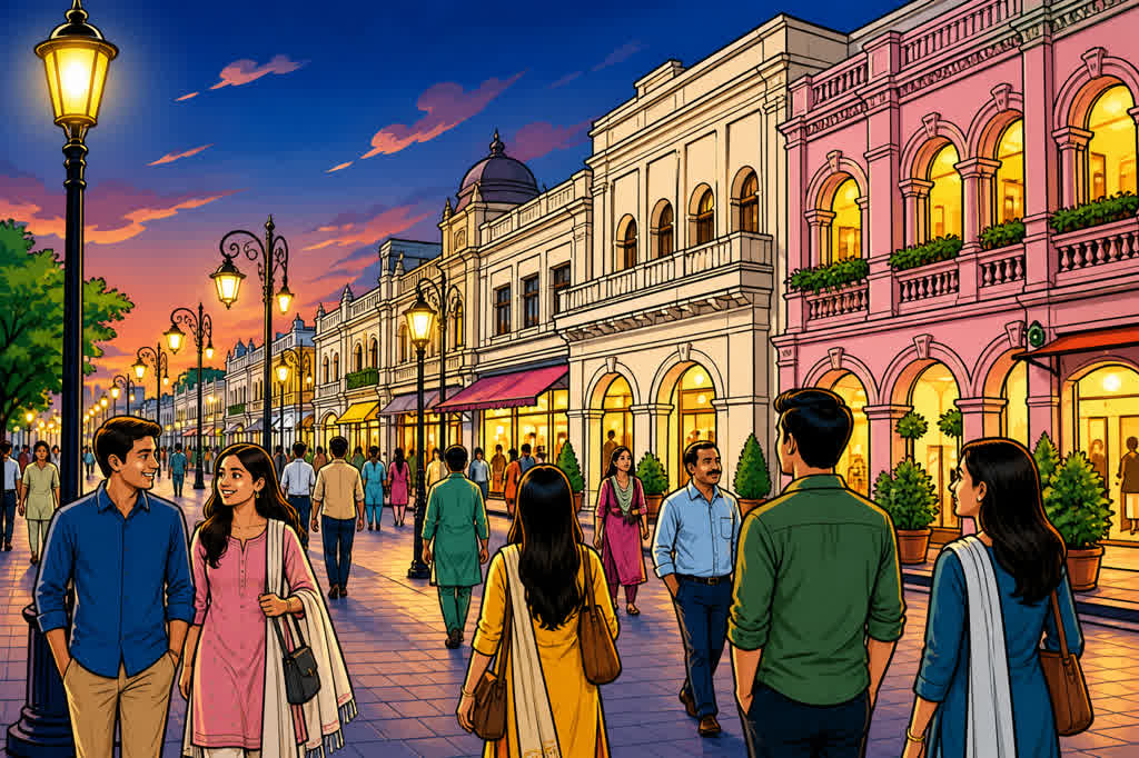 Caricature of an evening stroll on Hazratganj cream and pink shopfronts