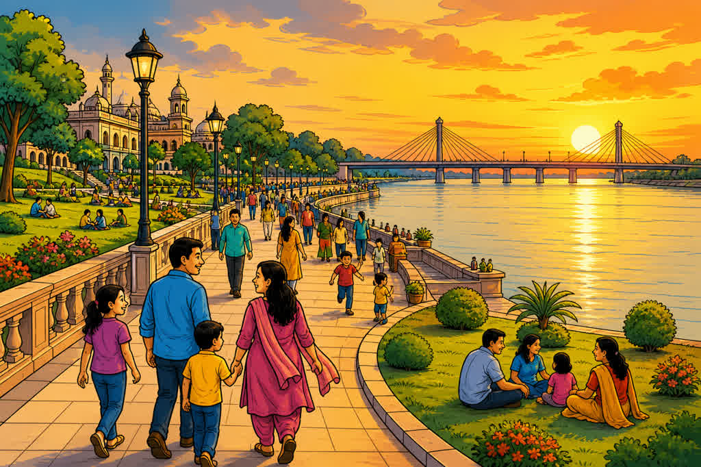 Caricature of families on the Gomti riverfront promenade at sunset