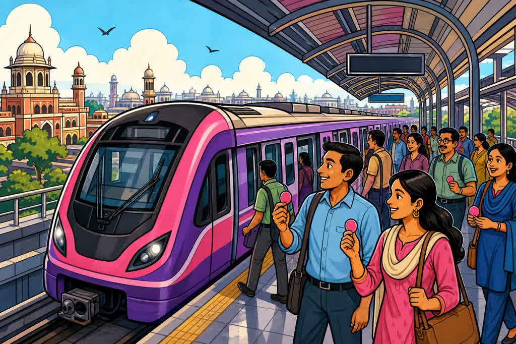 Caricature of Lucknow Metro passengers with tokens at an elevated station