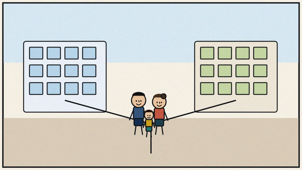 Newspaper editorial cartoon of a family choosing between two Lucknow malls