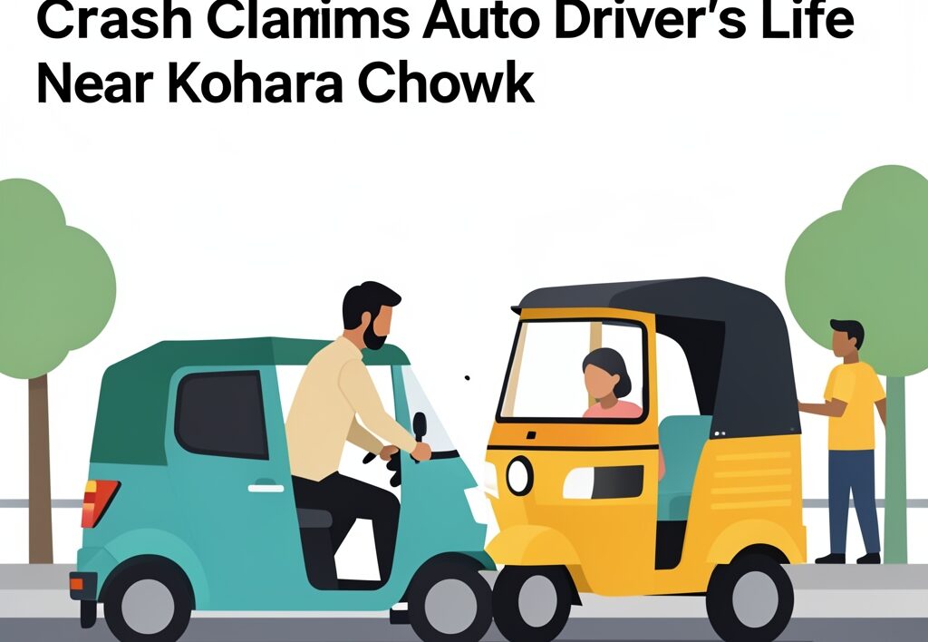 Illustration for speeding car crash: Road Safety Crisis: Speeding Car Crash Claims Auto Driver's Life Near Kohara Chowk