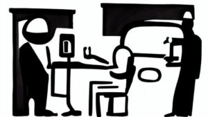 Newspaper editorial cartoon of a sparse hotel-room police check with cards on a table