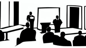 Newspaper editorial cartoon of a sparse Lucknow party hall with podium and empty chairs