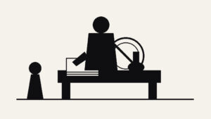 Newspaper editorial cartoon of a licence desk with stamp and suspended seal