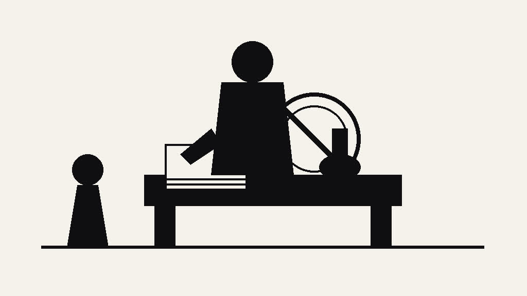 Newspaper editorial cartoon of a licence desk with stamp and suspended seal