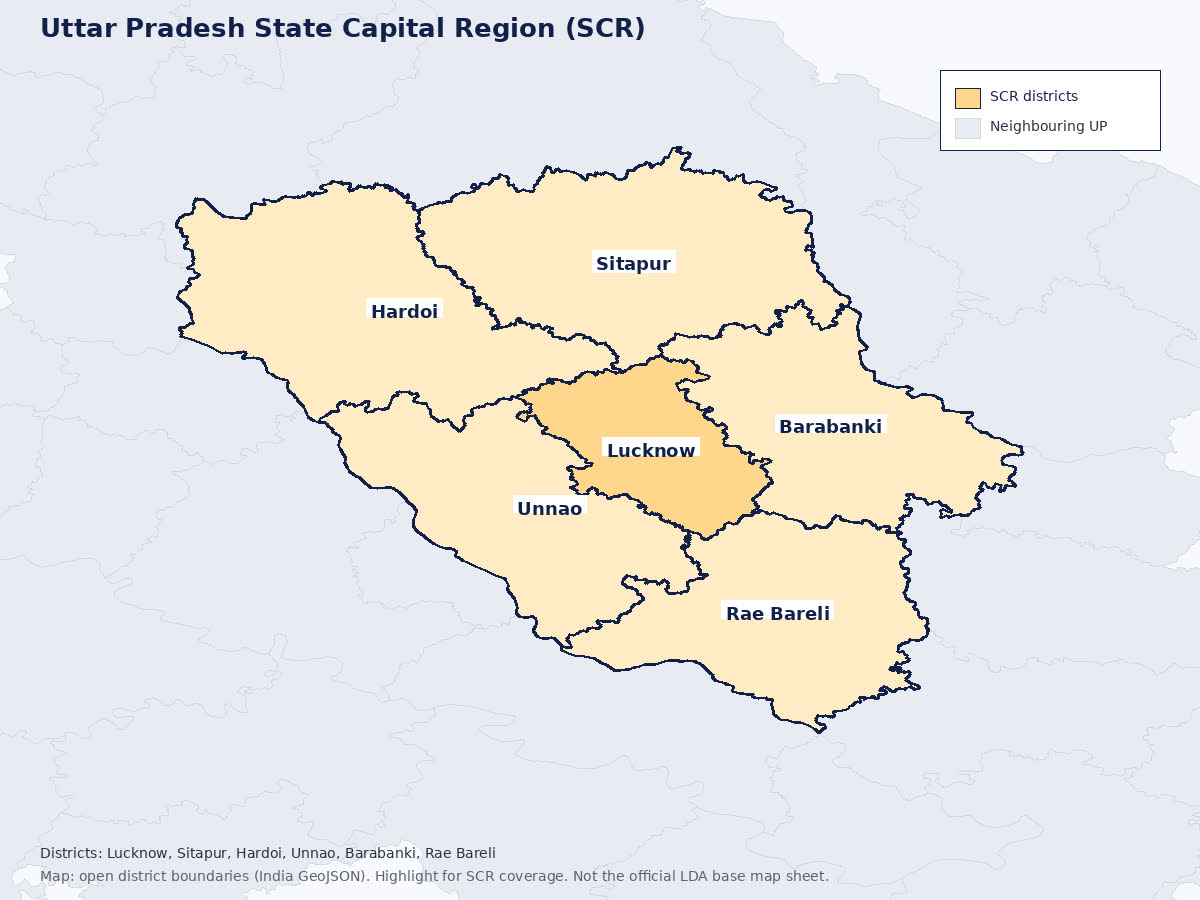 Map of the six Uttar Pradesh State Capital Region districts—Lucknow, Sitapur, Hardoi, Unnao, Barabanki and Rae Bareli—based on open district boundaries (India GeoJSON); not the official LDA base map sheet.