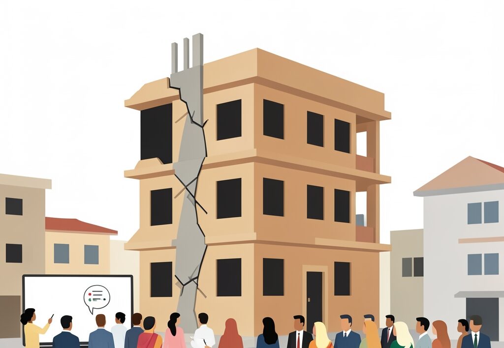 Illustration for Wazirganj building collapse: Wazirganj Building Collapse Threat: 25 Families Evacuated After Illegal Floors Crack Pillars
